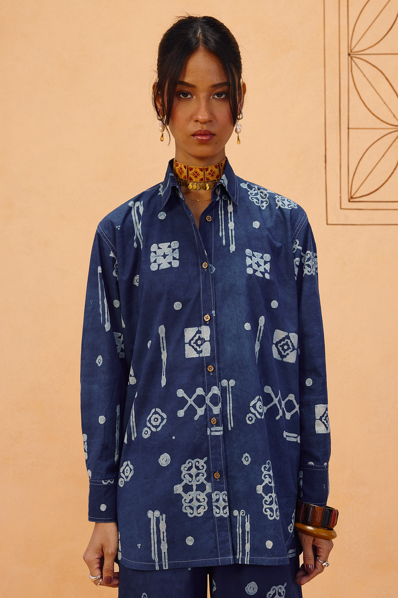 Indigo Patterns Organic Cotton Shirt organic cotton poplin top/shirt by SUI in indigo for women Worldwide