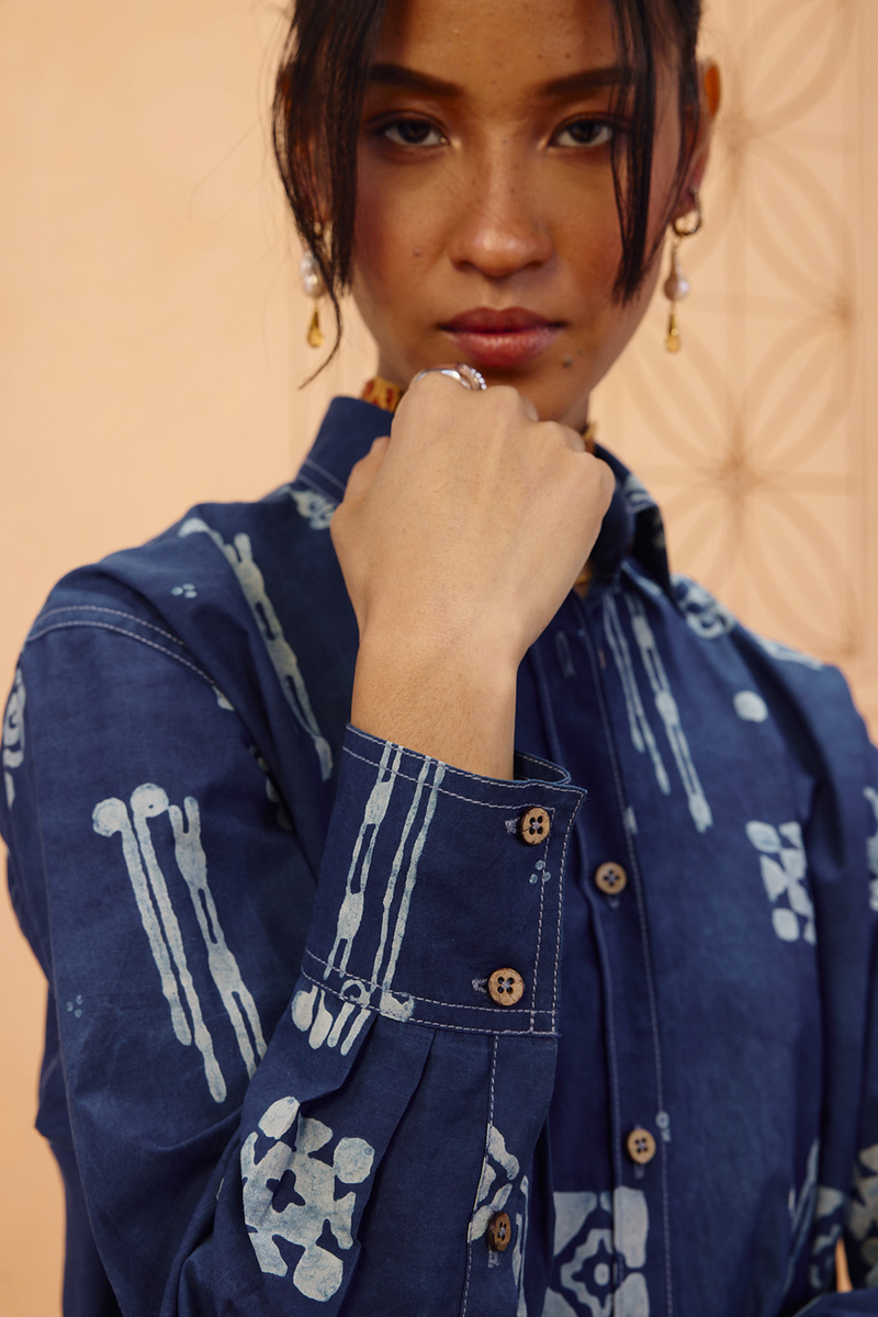 Indigo Patterns Organic Cotton Shirt organic cotton poplin top/shirt by SUI in indigo for women Worldwide