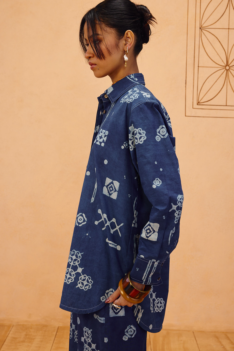 Indigo Patterns Organic Cotton Shirt organic cotton poplin top/shirt by SUI in indigo for women Worldwide