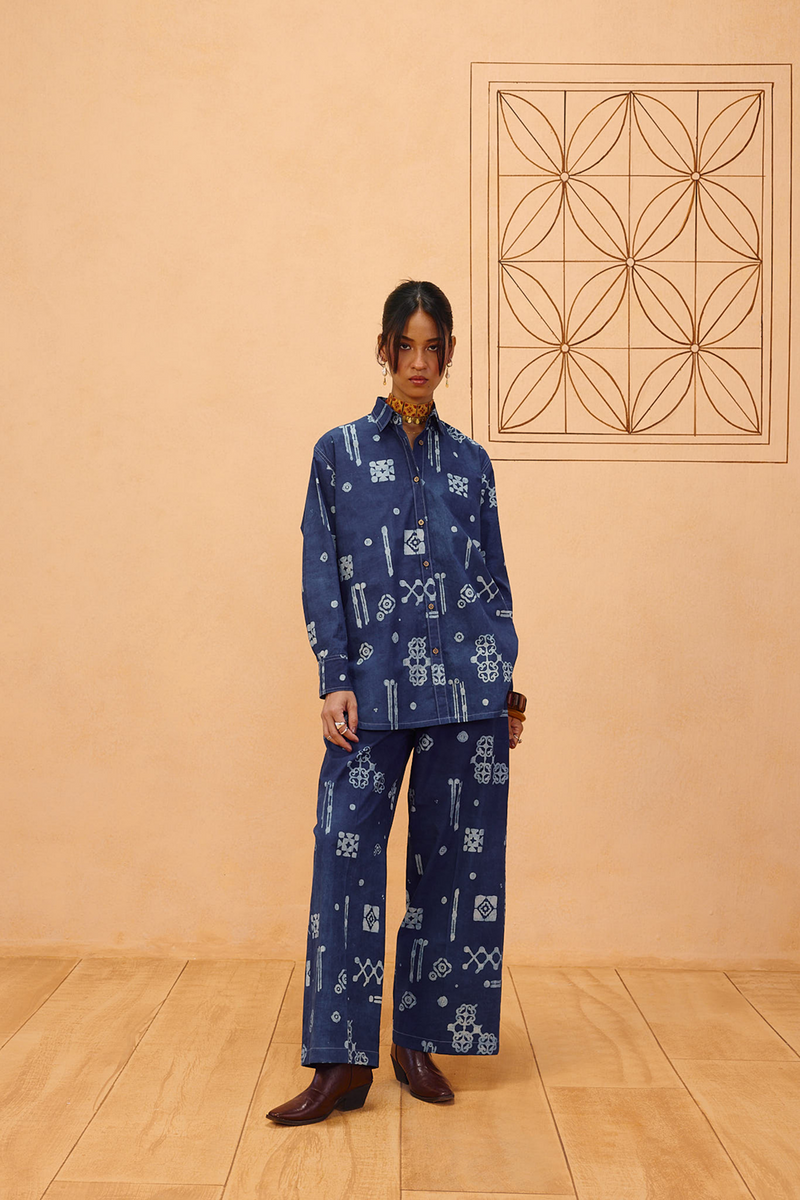 Indigo Patterns Organic Cotton Shirt organic cotton poplin top/shirt by SUI in indigo for women Worldwide