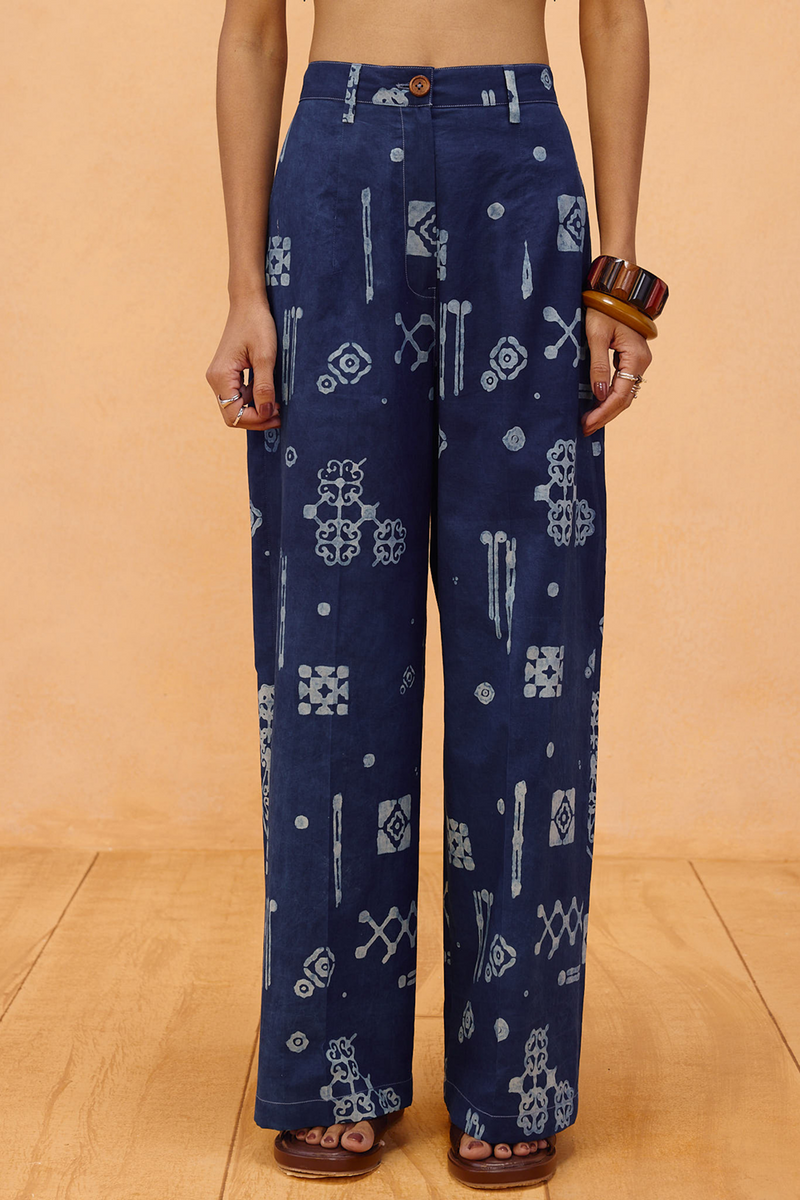 Indigo Patterns Organic Cotton Trousers organic cotton poplin pant/trouser by SUI in indigo for women Worldwide