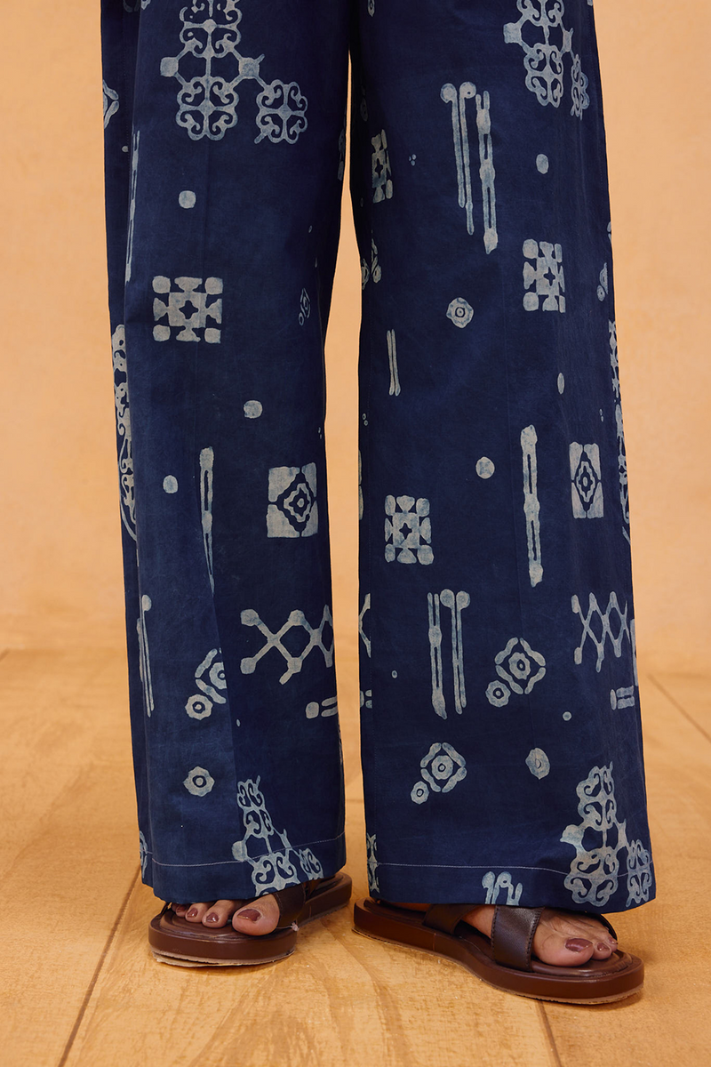 Indigo Patterns Organic Cotton Trousers organic cotton poplin pant/trouser by SUI in indigo for women Worldwide