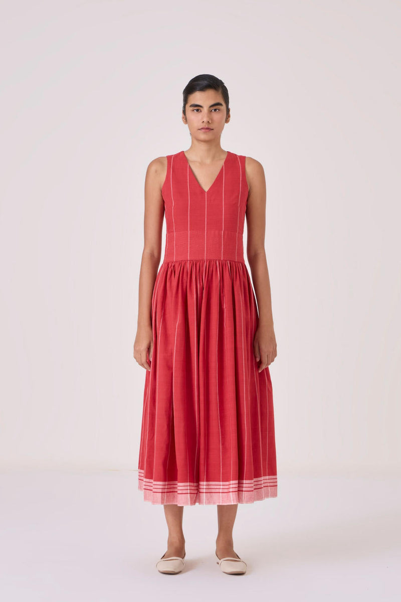 Ishara Handwoven Red Striped Dress cotton by The Summer House in red color for women Worldwide