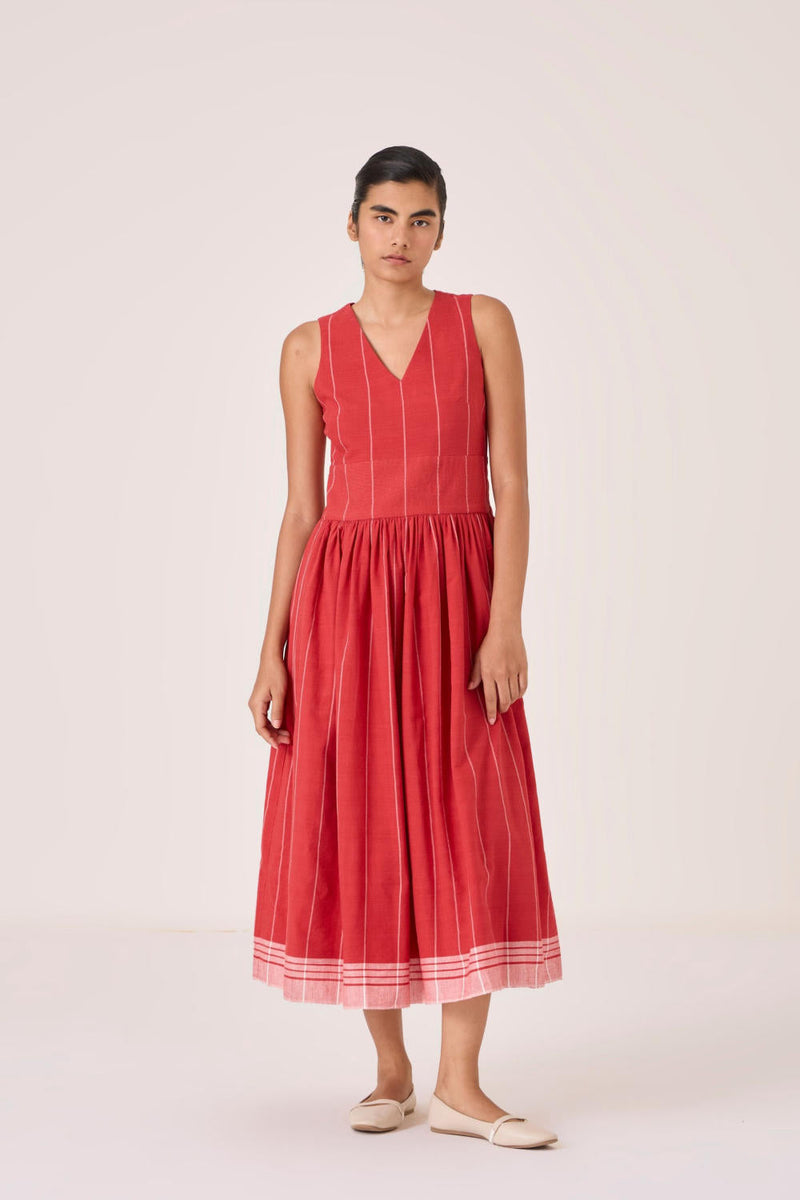 Ishara Handwoven Red Striped Dress cotton by The Summer House in red color for women Worldwide
