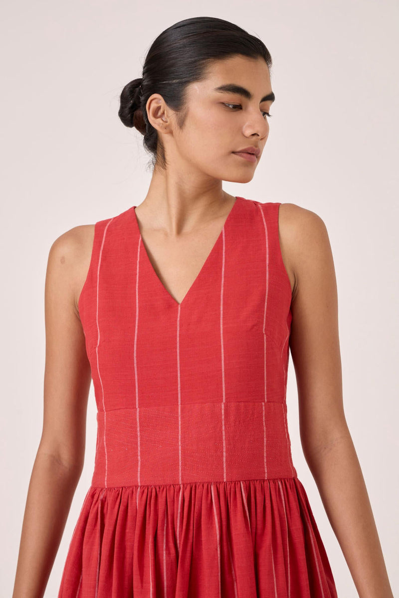 Ishara Handwoven Red Striped Dress cotton by The Summer House in red color for women Worldwide