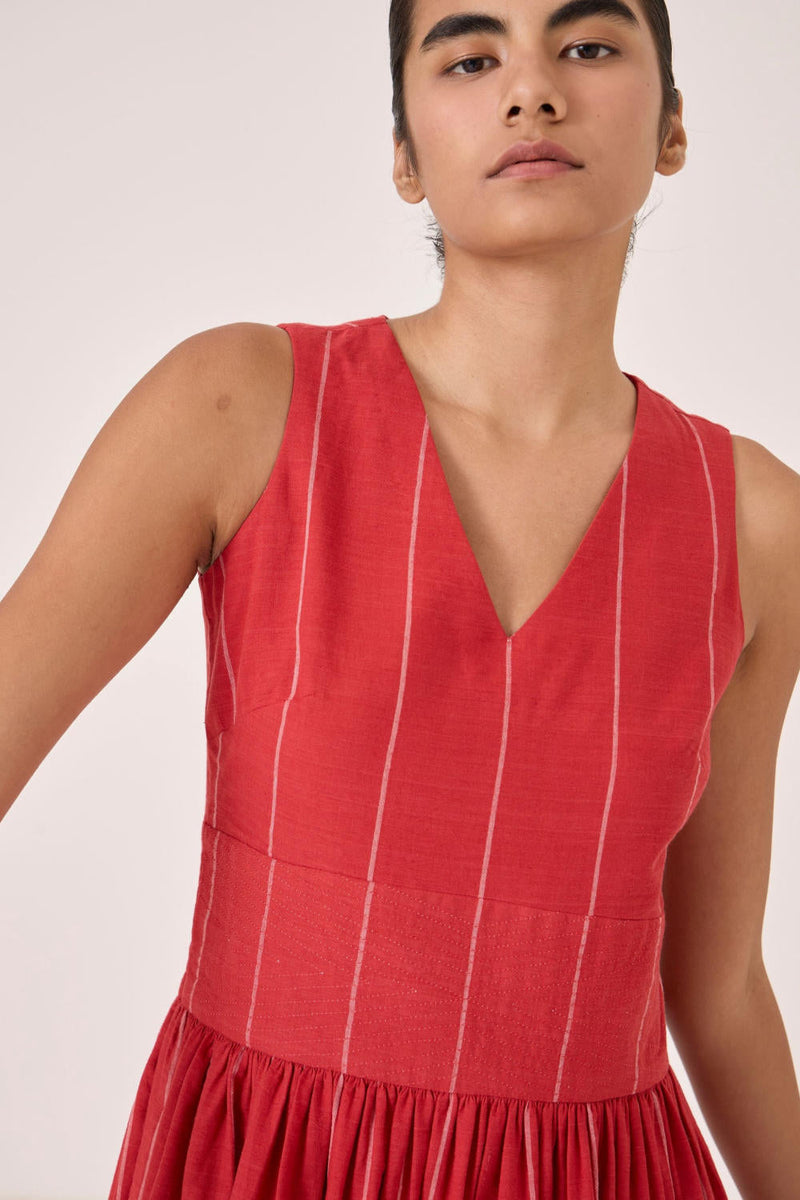 Ishara Handwoven Red Striped Dress cotton by The Summer House in red color for women Worldwide