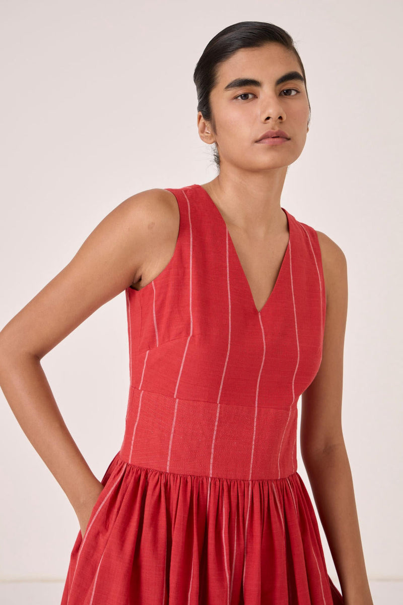 Ishara Handwoven Red Striped Dress cotton by The Summer House in red color for women Worldwide