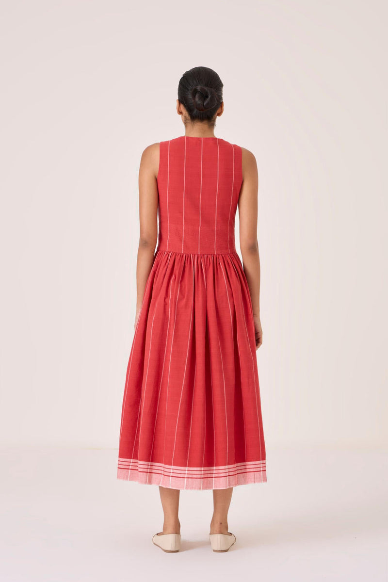 Ishara Handwoven Red Striped Dress cotton by The Summer House in red color for women Worldwide