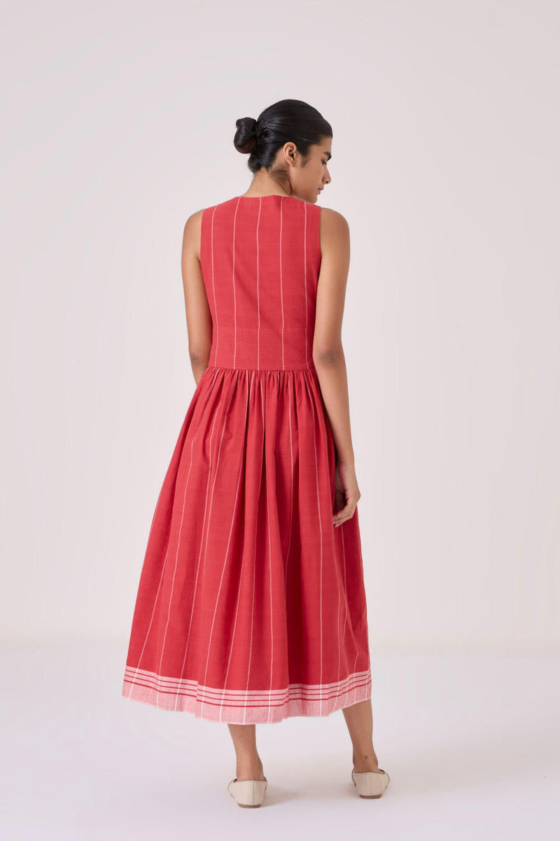 Ishara Handwoven Red Striped Dress cotton by The Summer House in red color for women Worldwide