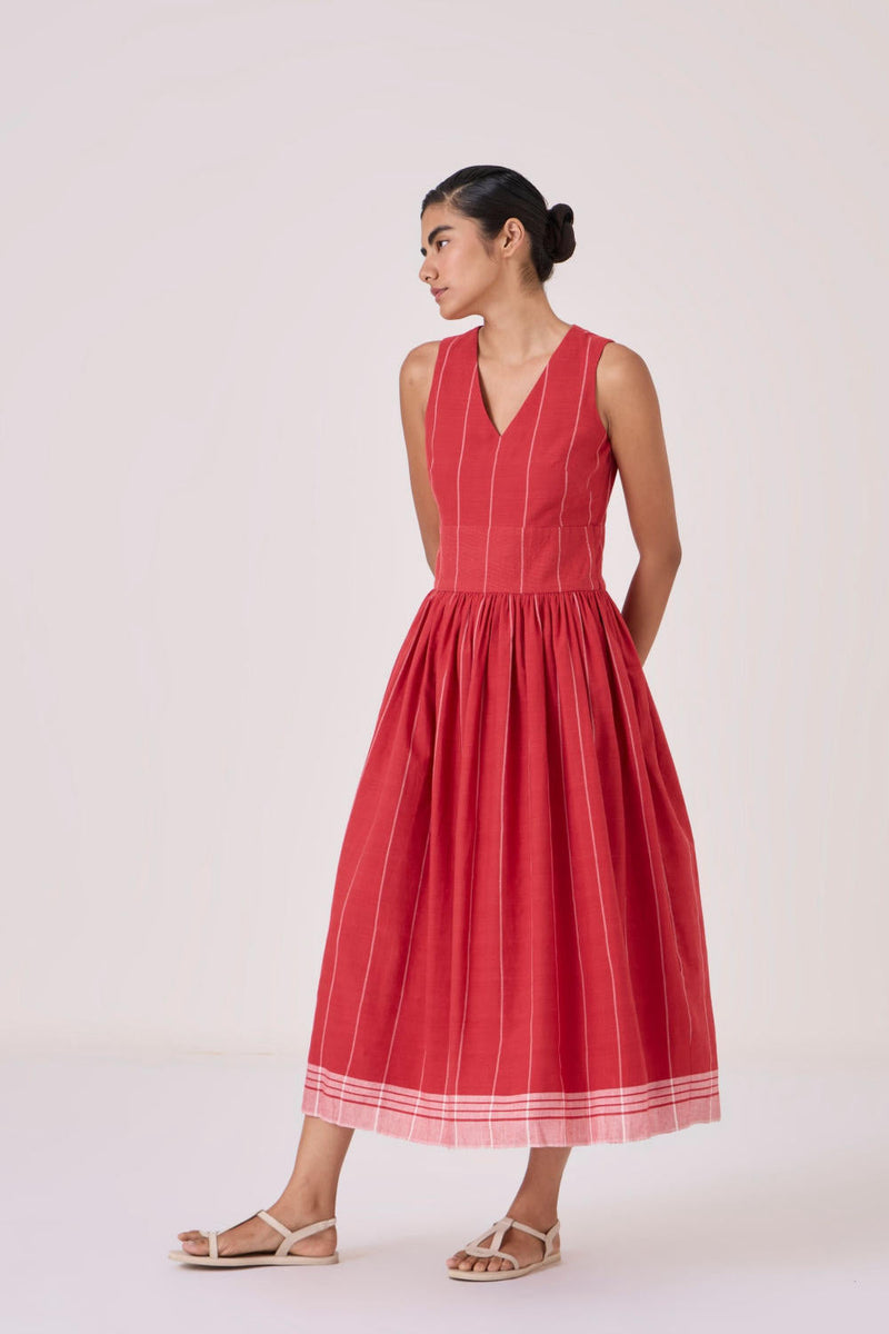Ishara Handwoven Red Striped Dress cotton by The Summer House in red color for women Worldwide