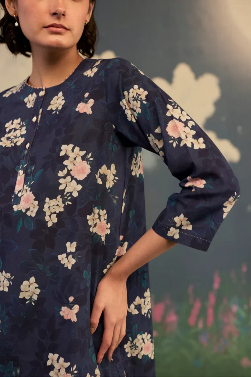 Moonlit Rose Short Kurta Set Cotton cotton by Nadiya Paar in black color for women Worldwide