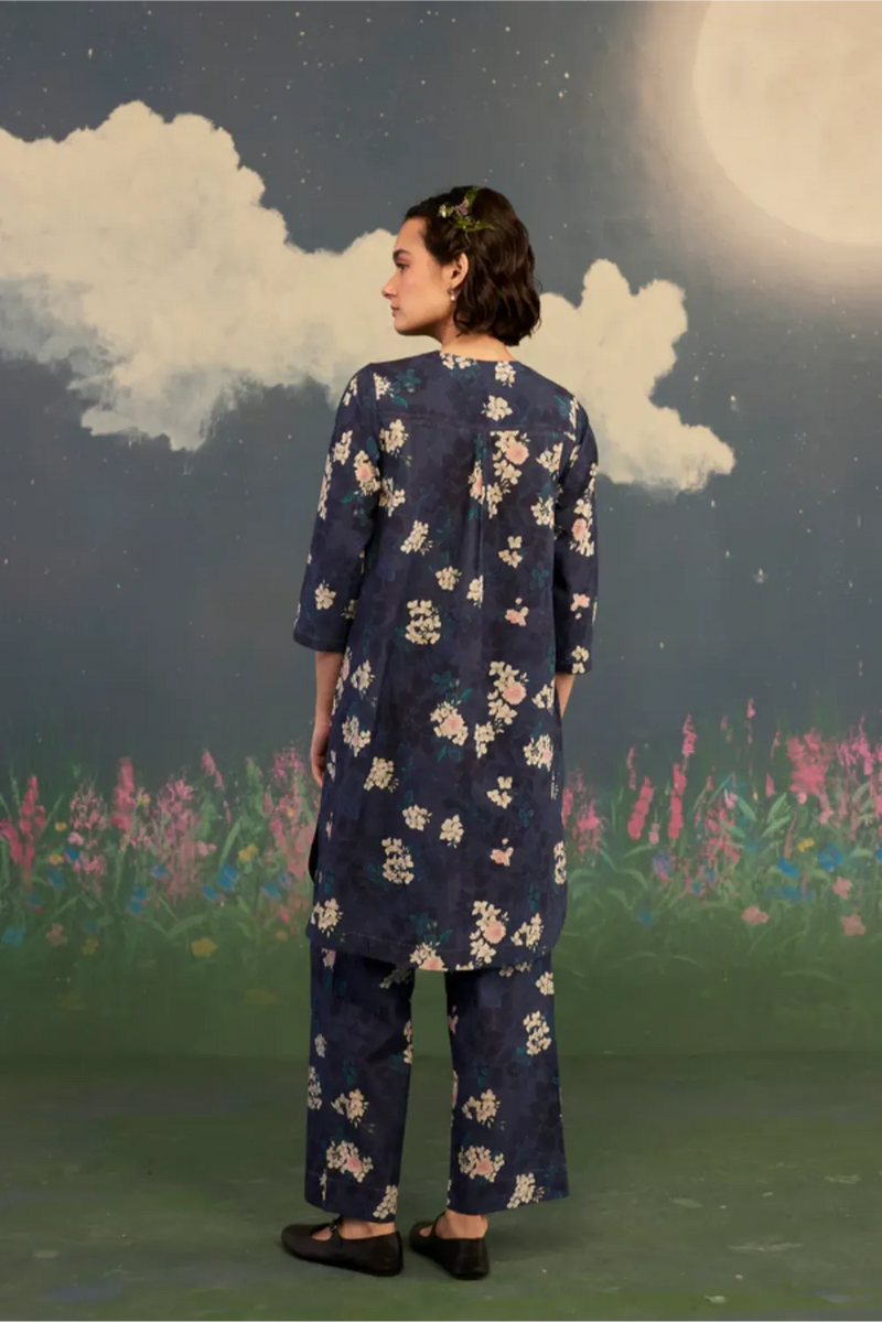 Moonlit Rose Short Kurta Set Cotton cotton by Nadiya Paar in black color for women Worldwide