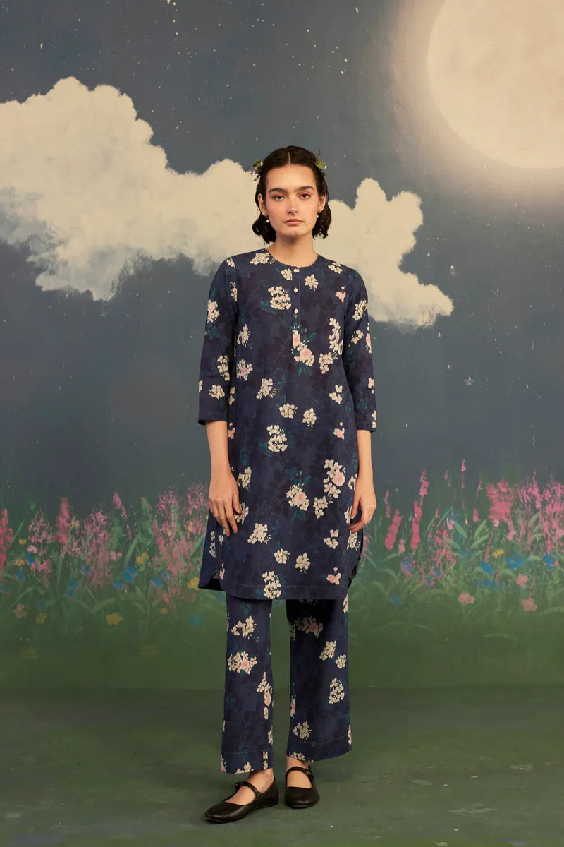 Moonlit Rose Short Kurta Set Cotton cotton by Nadiya Paar in black color for women Worldwide