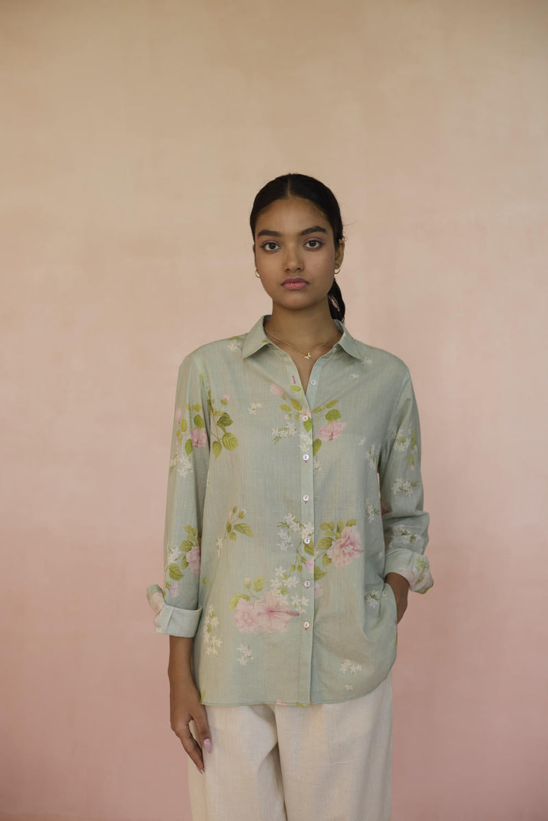 Hibiscus Shirt cotton by Nadiya Paar in green color for women Worldwide