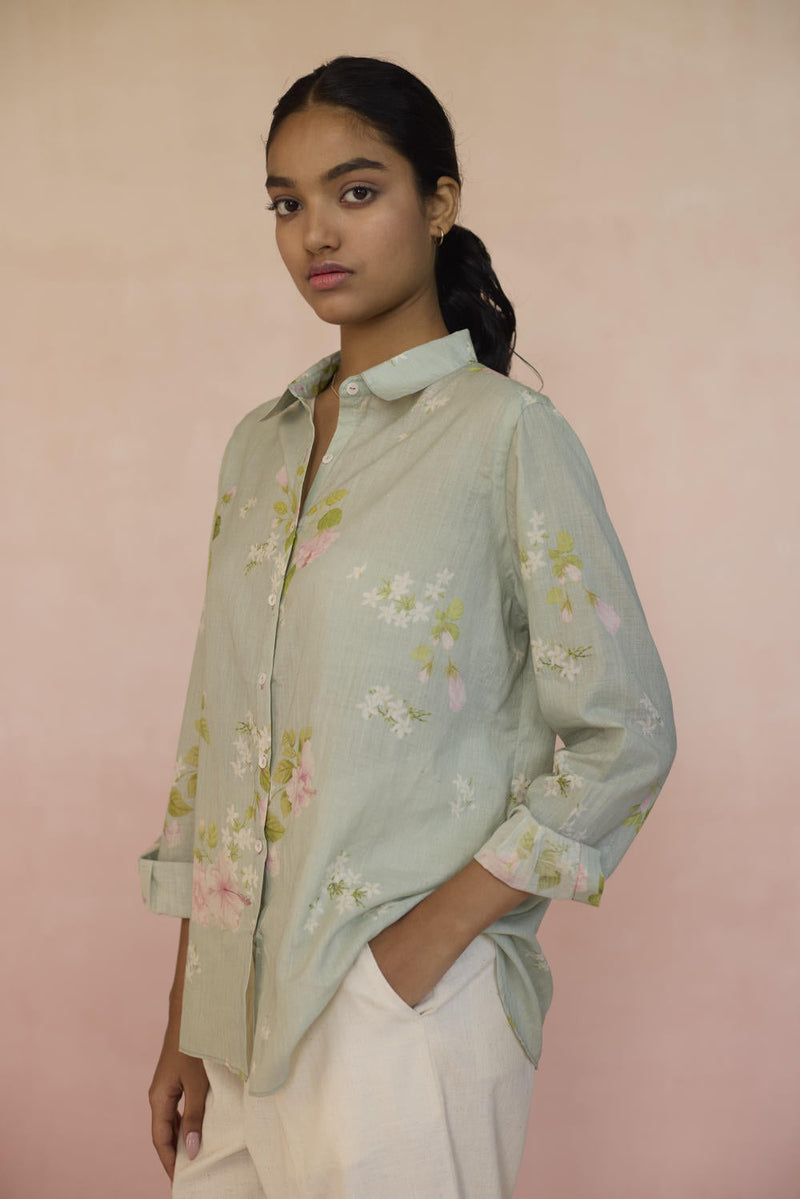 Hibiscus Shirt cotton by Nadiya Paar in green color for women Worldwide