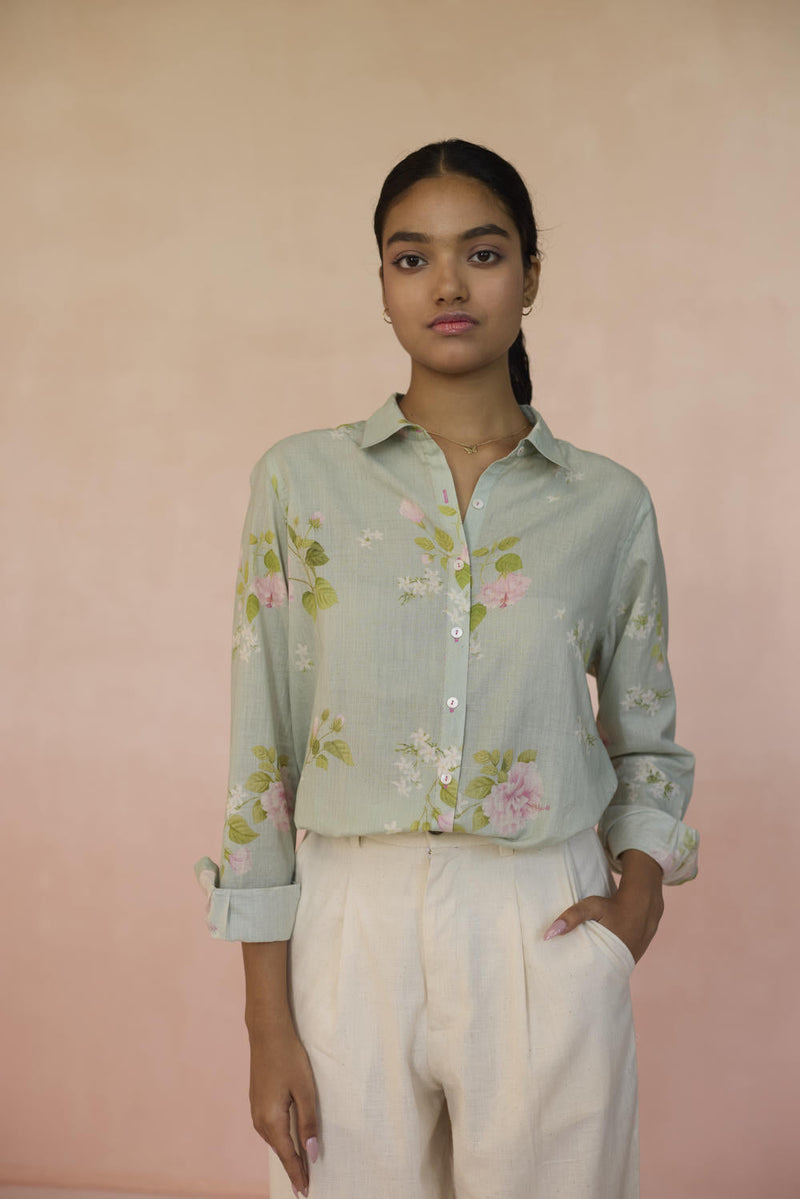 Hibiscus Shirt cotton by Nadiya Paar in green color for women Worldwide