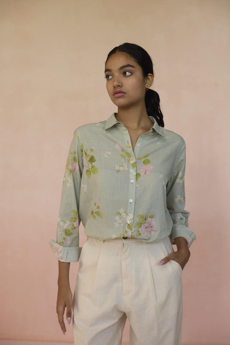 Hibiscus Shirt cotton by Nadiya Paar in green color for women Worldwide