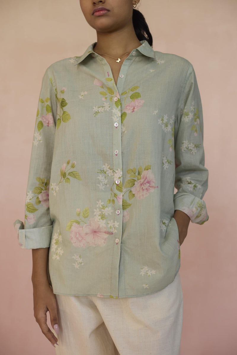 Hibiscus Shirt cotton by Nadiya Paar in green color for women Worldwide