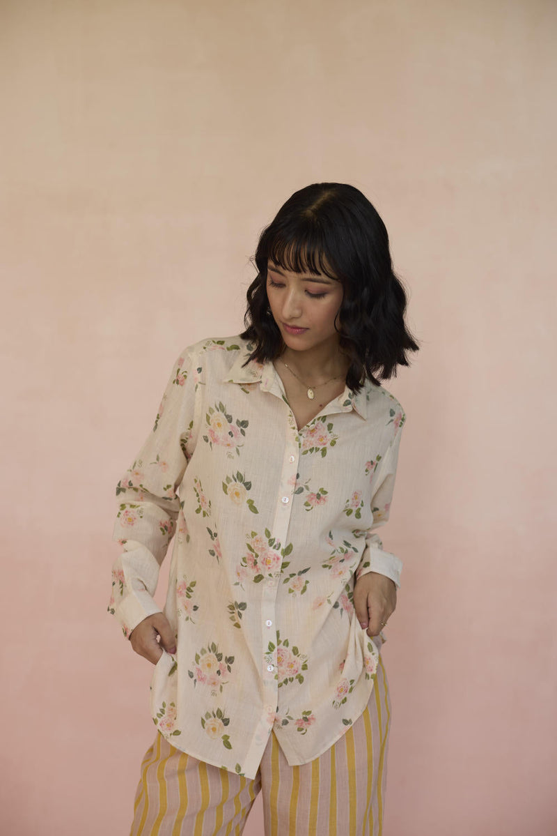 Desi Gulab Shirt cotton by Nadiya Paar in white color for women Worldwide