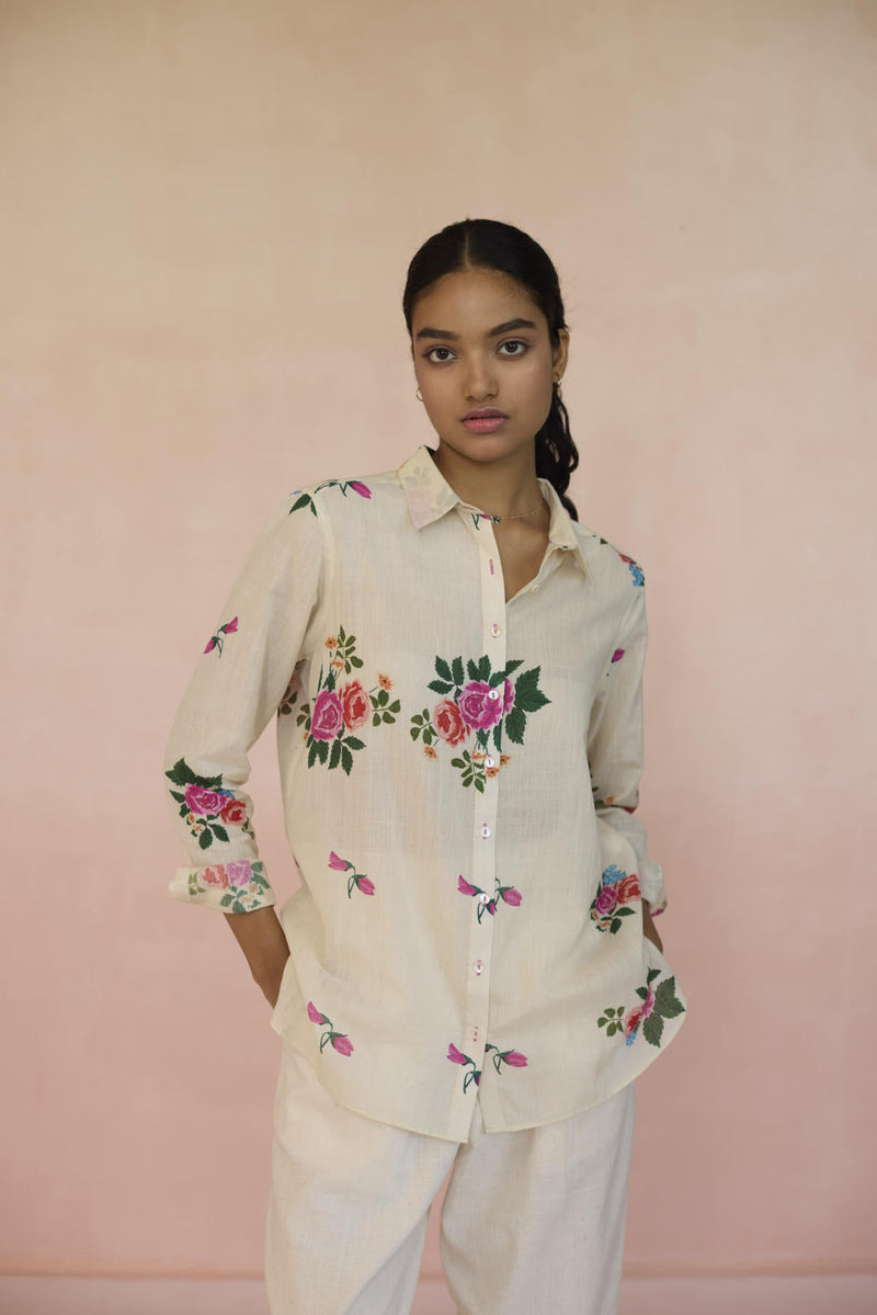 Rose Chintz Shirt cotton by Nadiya Paar in white color for women Worldwide