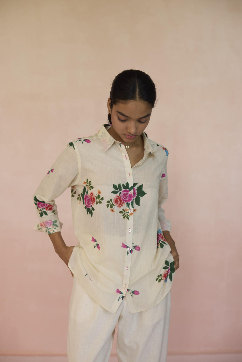Rose Chintz Shirt cotton by Nadiya Paar in white color for women Worldwide