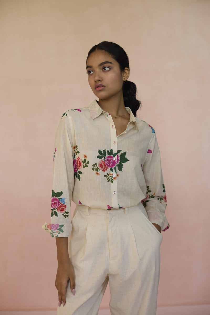 Rose Chintz Shirt cotton by Nadiya Paar in white color for women Worldwide