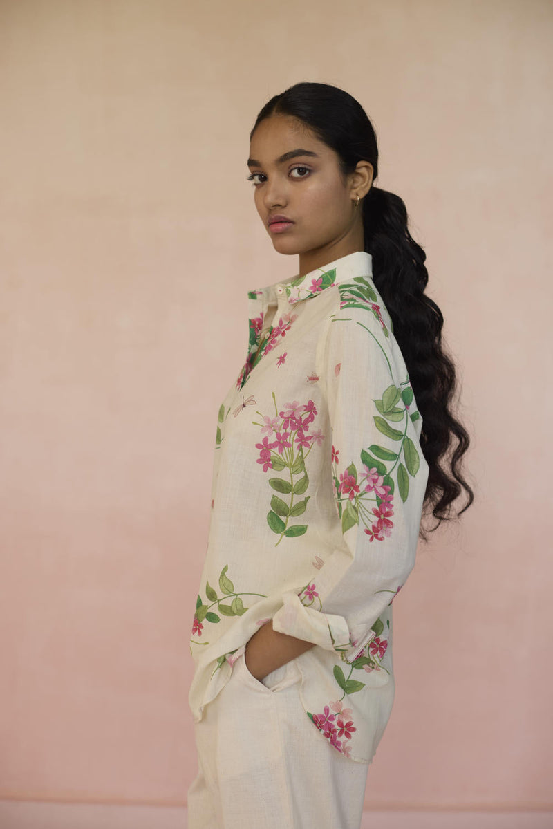 Rangoon Creeper Shirt cotton by Nadiya Paar in white color for women Worldwide