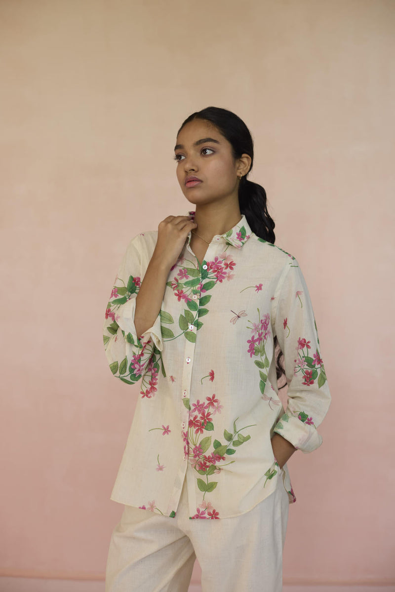 Rangoon Creeper Shirt cotton by Nadiya Paar in white color for women Worldwide