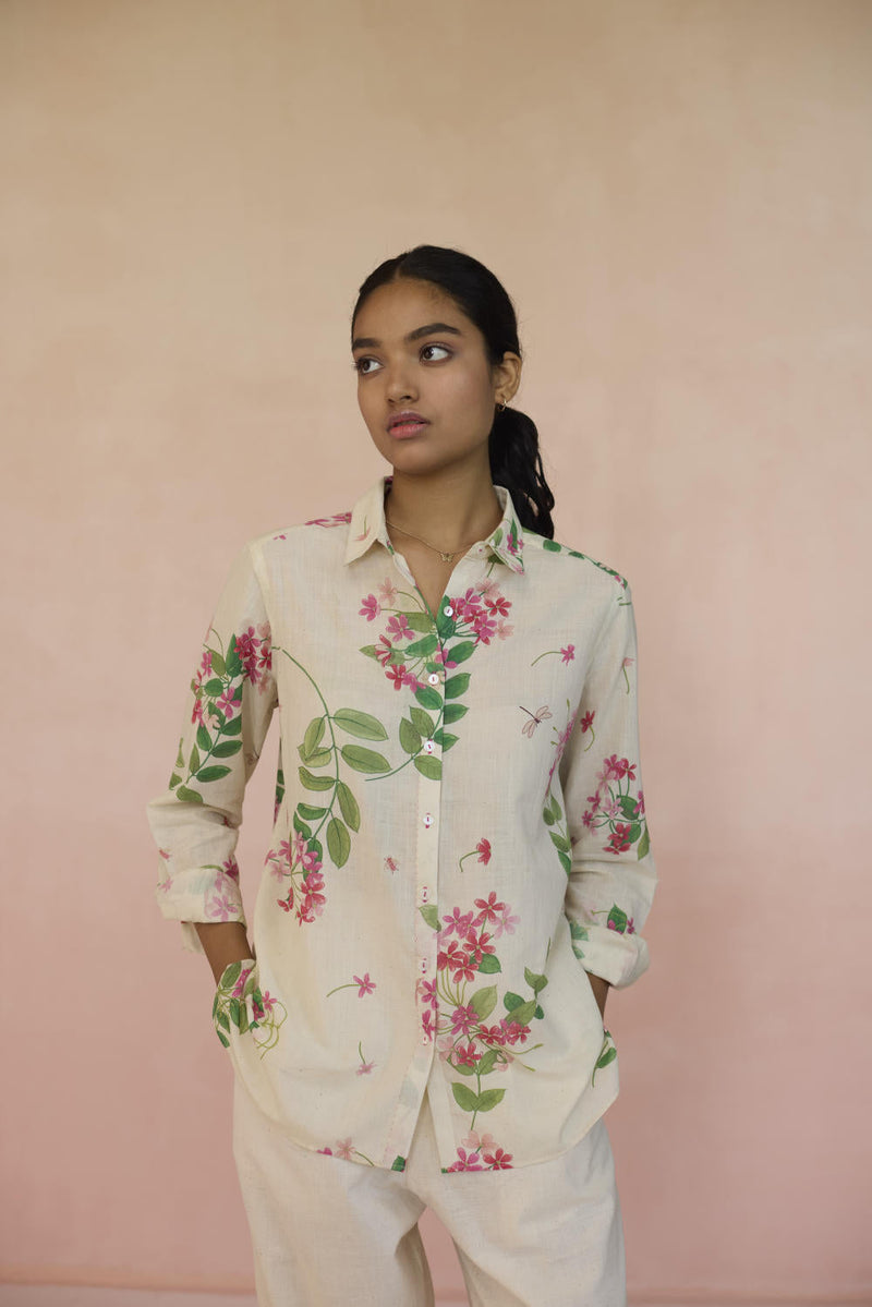 Rangoon Creeper Shirt cotton by Nadiya Paar in white color for women Worldwide