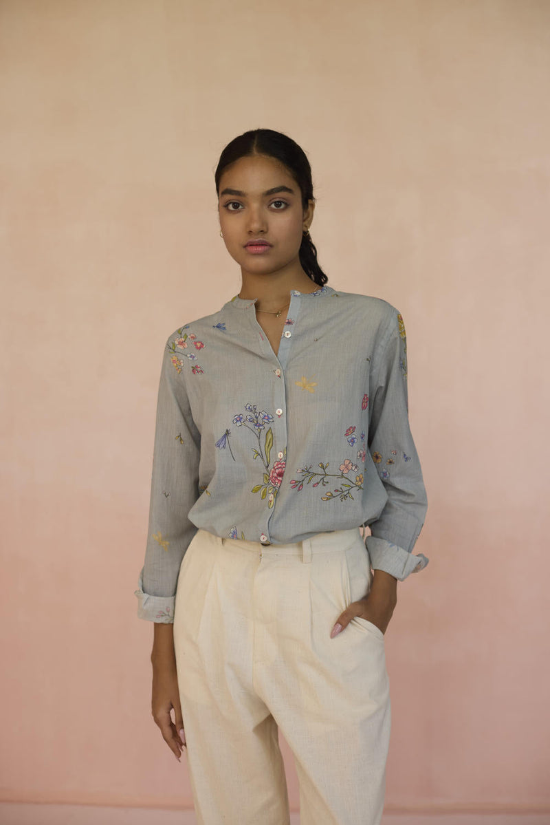 Garden Pale Blue Shirt cotton by Nadiya Paar in blue color for women Worldwide