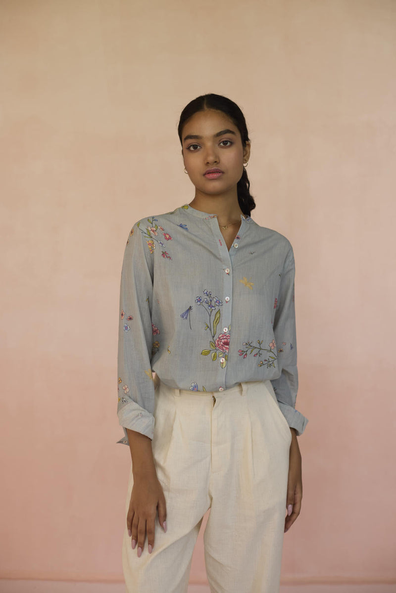 Garden Pale Blue Shirt cotton by Nadiya Paar in blue color for women Worldwide