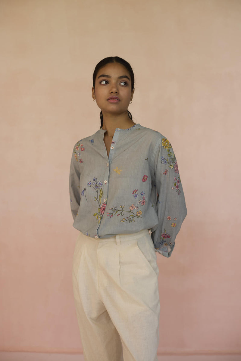 Garden Pale Blue Shirt cotton by Nadiya Paar in blue color for women Worldwide