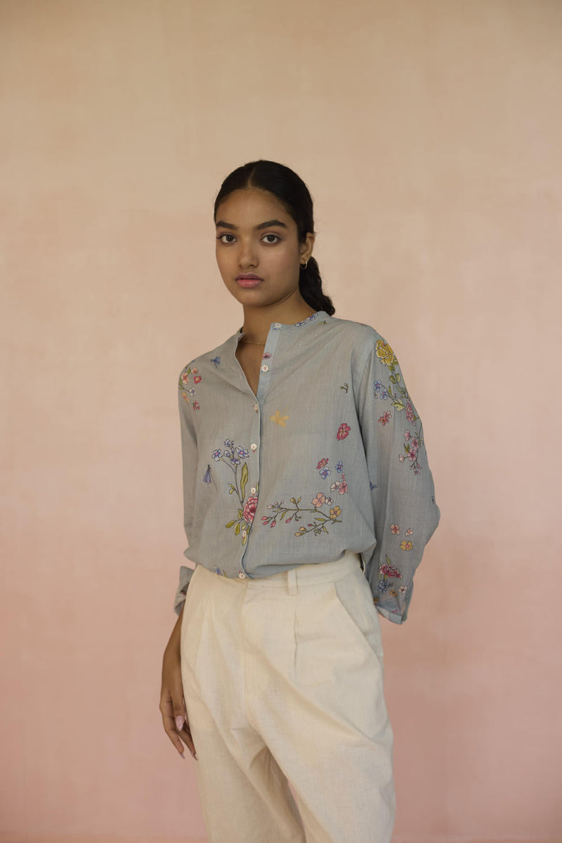 Garden Pale Blue Shirt cotton by Nadiya Paar in blue color for women Worldwide