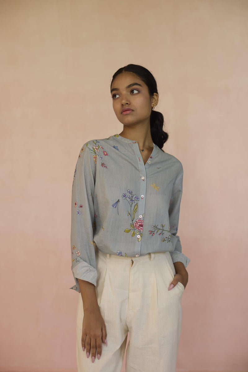 Garden Pale Blue Shirt cotton by Nadiya Paar in blue color for women Worldwide