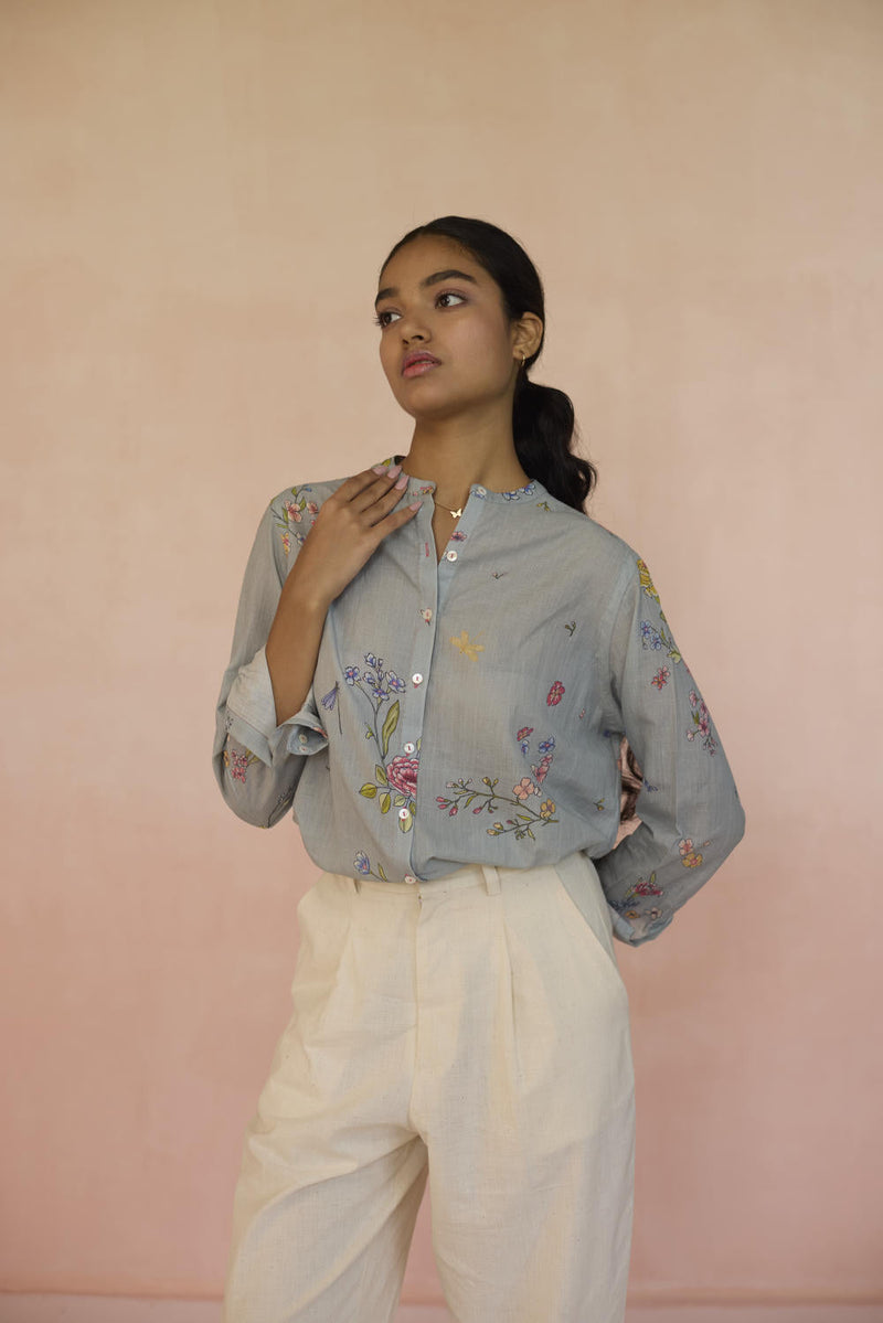 Garden Pale Blue Shirt cotton by Nadiya Paar in blue color for women Worldwide
