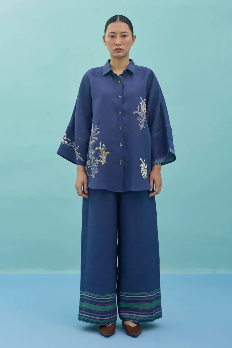 Iva Block Printed Embroidered Co-ord Set - Indigo linen co-ord set by Manan in navy for women Worldwide
