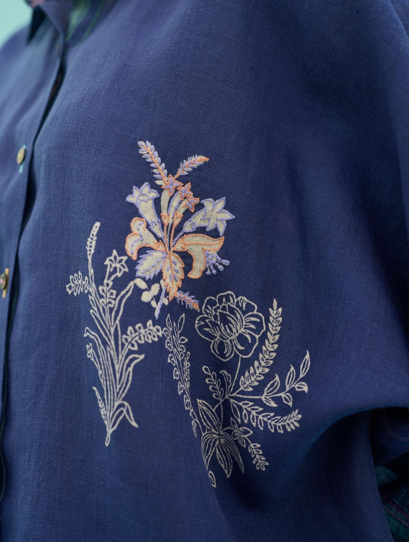 Iva Block Printed Floral Embroidered Shirt - Indigo linen top/shirt by Manan in navy for women Worldwide