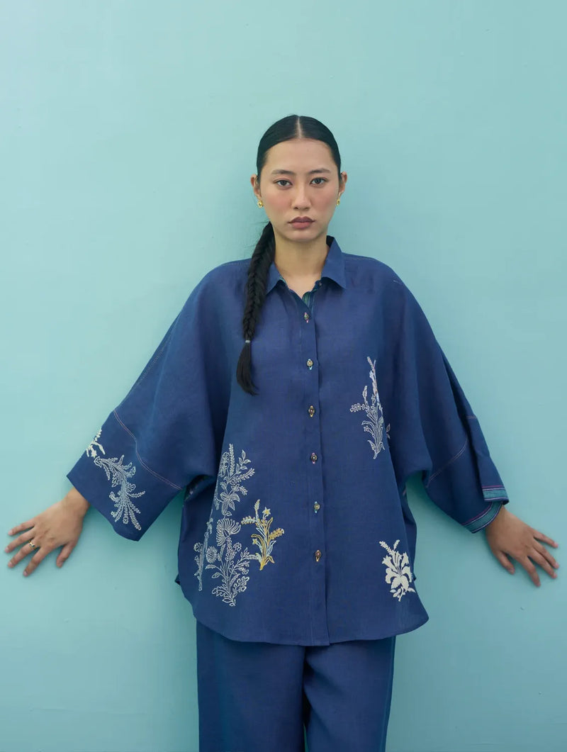 Iva Block Printed Floral Embroidered Shirt - Indigo linen top/shirt by Manan in navy for women Worldwide