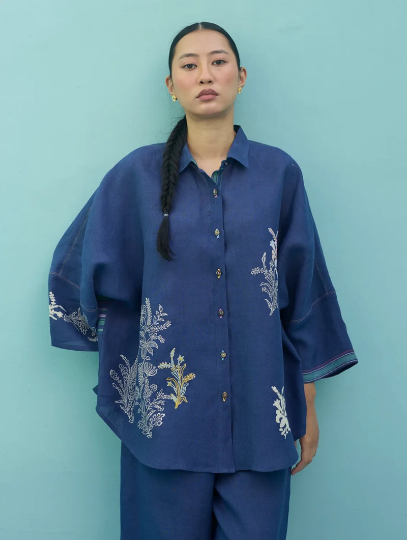 Iva Block Printed Floral Embroidered Shirt - Indigo linen top/shirt by Manan in navy for women Worldwide