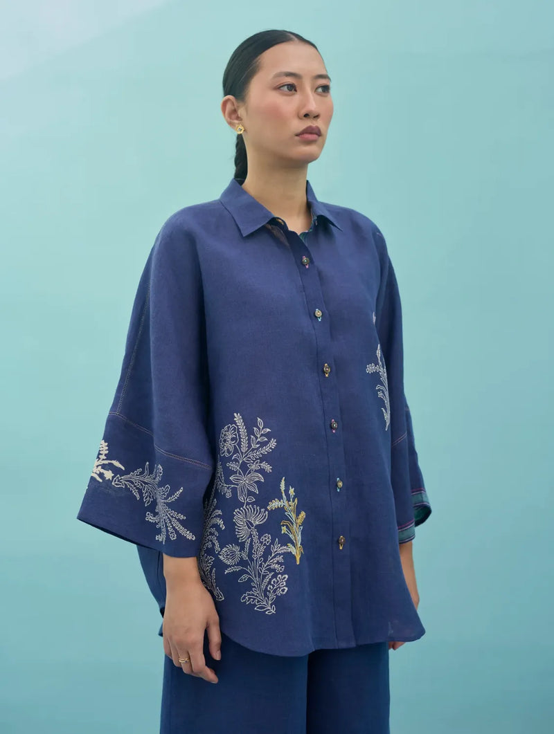 Iva Block Printed Floral Embroidered Shirt - Indigo linen top/shirt by Manan in navy for women Worldwide