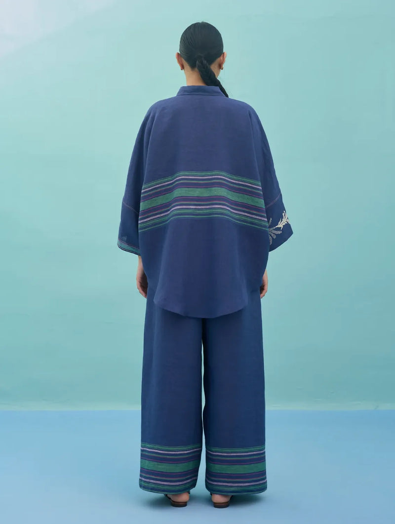 Iva Block Printed Floral Embroidered Shirt - Indigo linen top/shirt by Manan in navy for women Worldwide