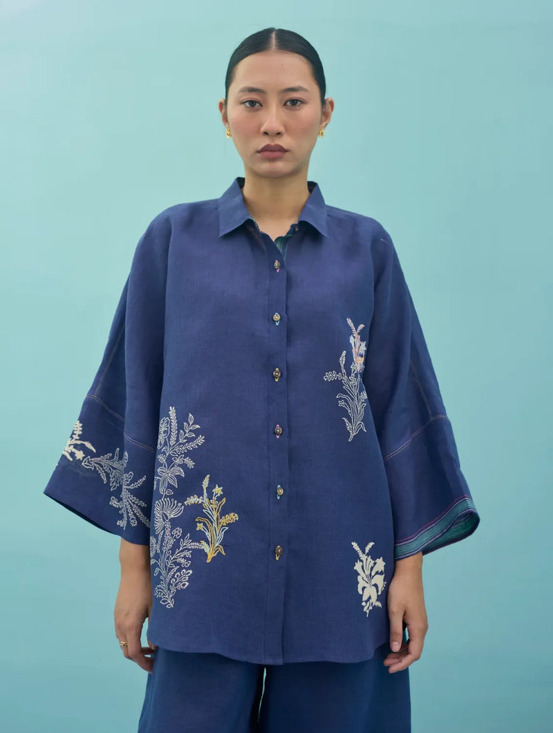 Iva Block Printed Floral Embroidered Shirt - Indigo linen top/shirt by Manan in navy for women Worldwide