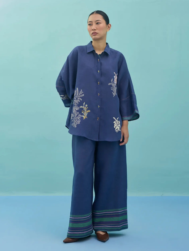 Iva Block Printed Floral Embroidered Shirt - Indigo linen top/shirt by Manan in navy for women Worldwide