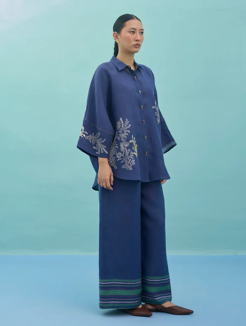 Iva Block Printed Floral Embroidered Shirt - Indigo linen top/shirt by Manan in navy for women Worldwide