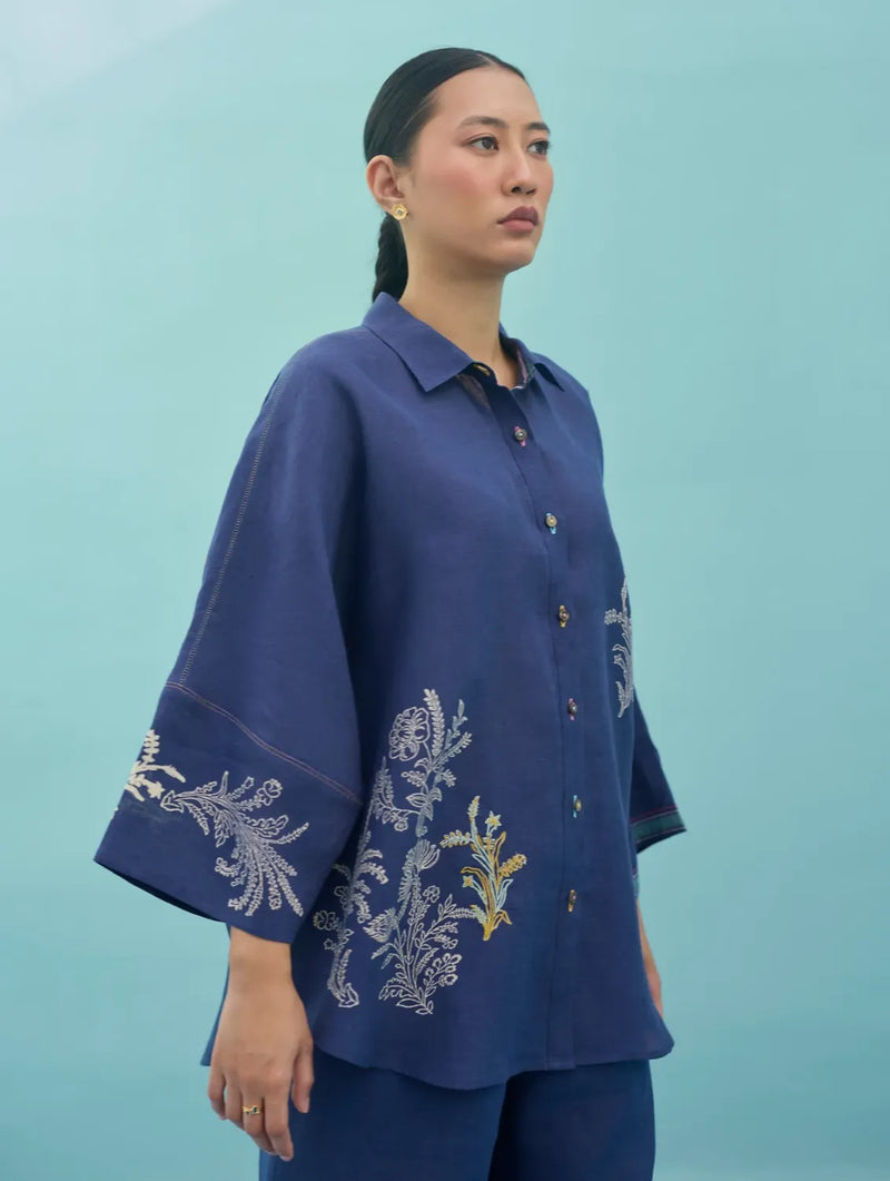 Iva Block Printed Floral Embroidered Shirt - Indigo linen top/shirt by Manan in navy for women Worldwide