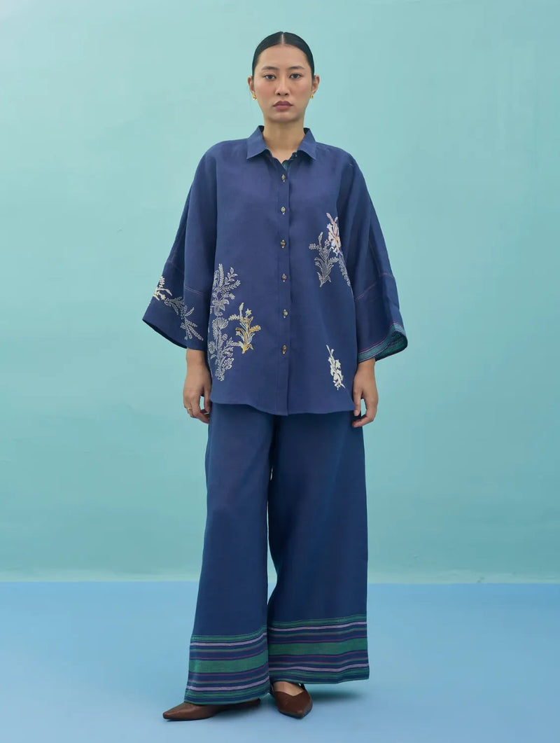 Iva Block Printed Floral Embroidered Shirt - Indigo linen top/shirt by Manan in navy for women Worldwide