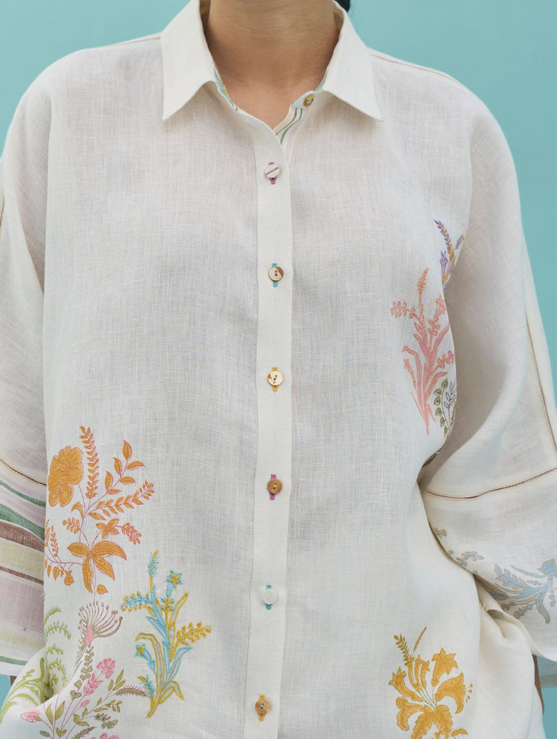 Iva Block Printed Floral Embroidered Shirt - Ivory linen top/shirt by Manan in ivory for women Worldwide