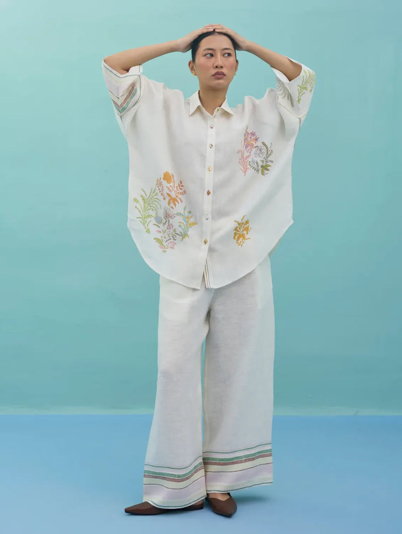 Iva Block Printed Floral Embroidered Shirt - Ivory linen top/shirt by Manan in ivory for women Worldwide
