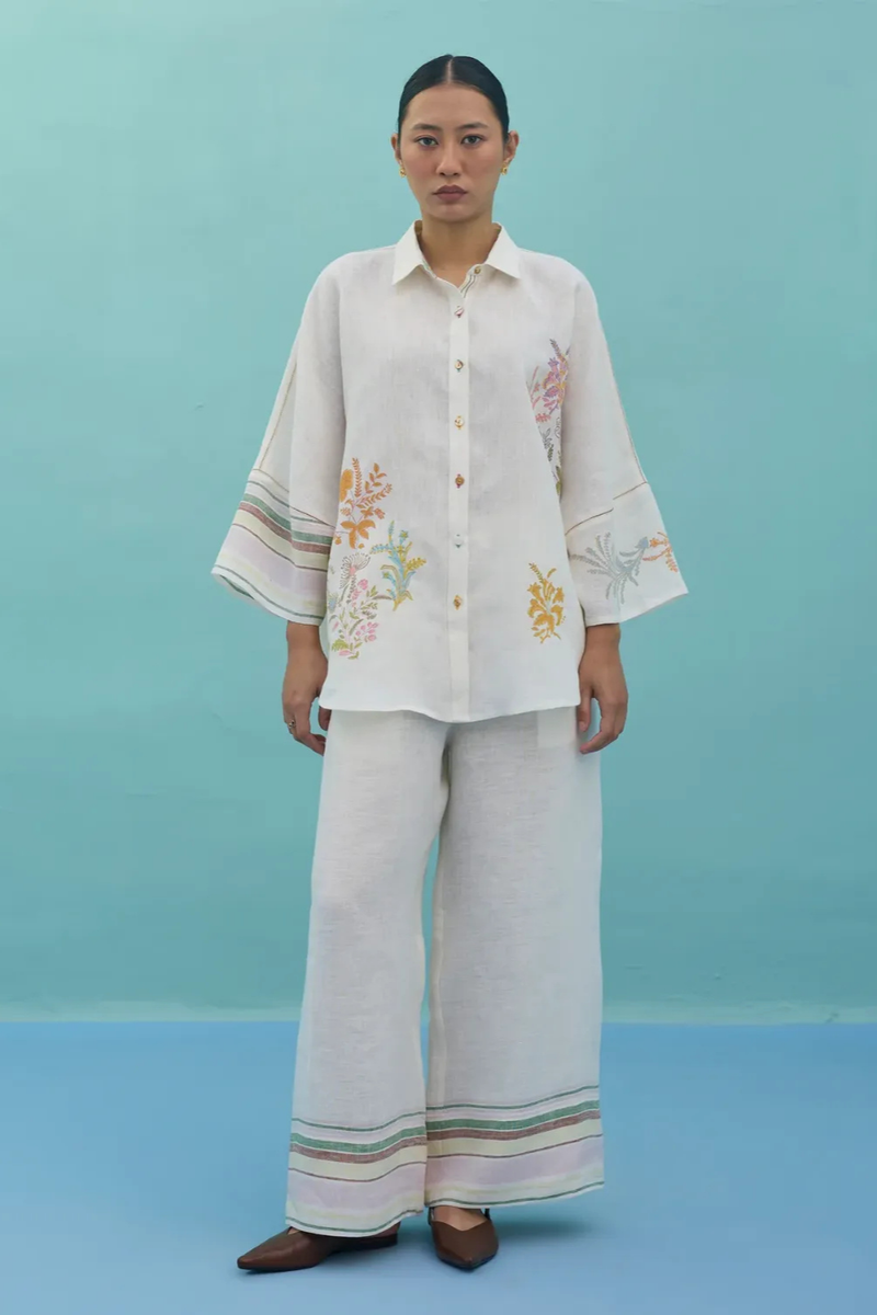 Iva Block Printed Embroidered Co-ord Set - Ivory linen co-ord set by Manan in ivory for women Worldwide