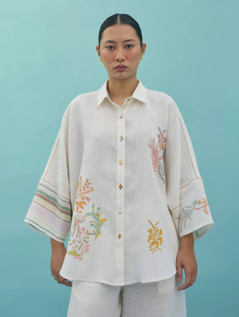 Iva Block Printed Floral Embroidered Shirt - Ivory linen top/shirt by Manan in ivory for women Worldwide